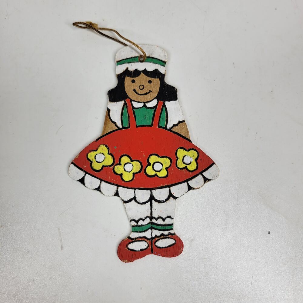 VINTAGE Wooden Girl Christmas Ornament 4" Red Hand Painted Flat Double Side 70s